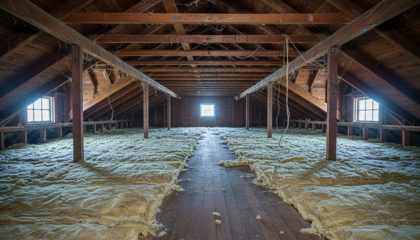 Damaged attic before cleanup
